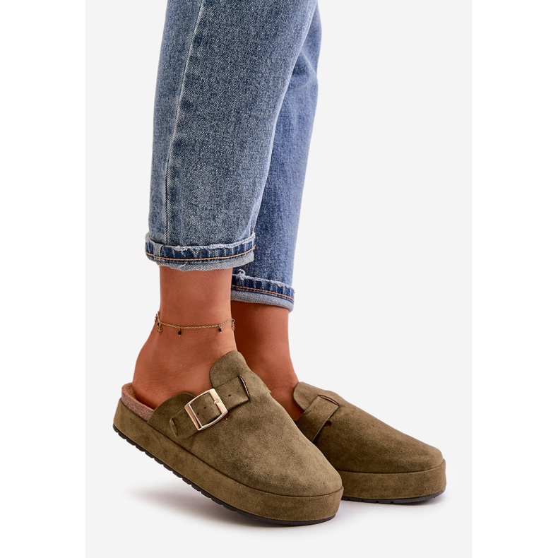 Chinelos femininos com plataforma e fivela dourada, verde escuro Terilaina 1