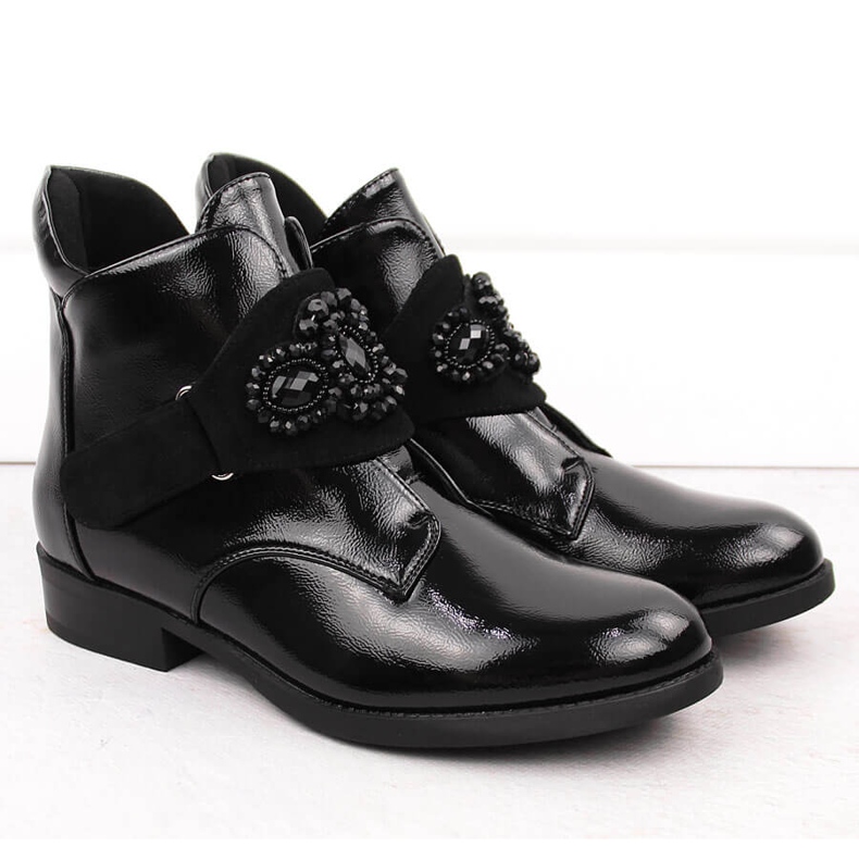 Botins femininos de couro envernizado com pedras decorativas, pretos S.Barski HY42-021 2