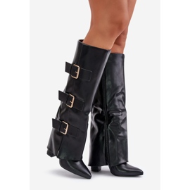 Botas femininas isoladas de salto alto com cano virado para cima e fivelas, Black Pyregonia preto 1