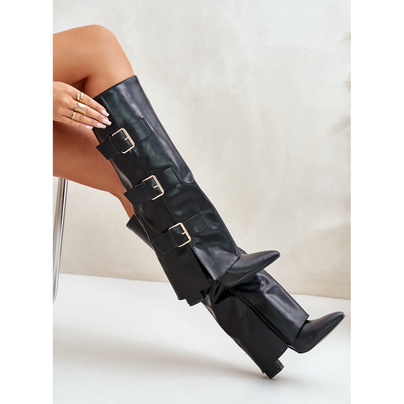Botas femininas isoladas de salto alto com cano virado para cima e fivelas, Black Pyregonia preto 2
