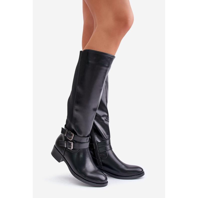Botas femininas acima do joelho com fivelas, Lotina preta preto 1