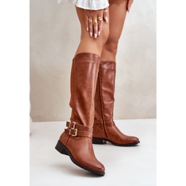Botas femininas acima do joelho com fivelas Camel Lotina marrom 2