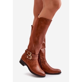 Botas femininas acima do joelho com fivelas Camel Lotina marrom 1