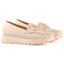 Mocassins femininos bege em couro ecológico na plataforma, palmilha de couro 1