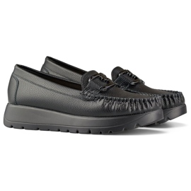 Mocassins femininos pretos em couro ecológico na plataforma, palmilha de couro 1