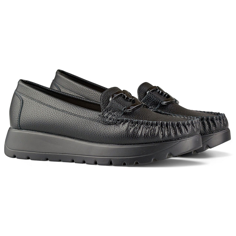 Mocassins femininos pretos em couro ecológico na plataforma, palmilha de couro 1