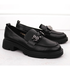 Mocassins femininos de couro com decoração, pretos Vinceza 62183 2