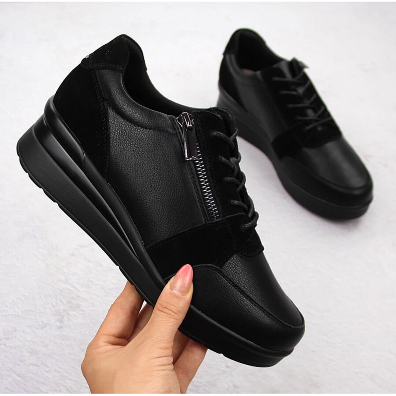 Tênis feminino de couro com cunha, preto Sergio Leone PB236-S 1