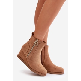 Botas de cunha isoladas com zíper decorativo, Eco Suede Camel Leretha marrom 1