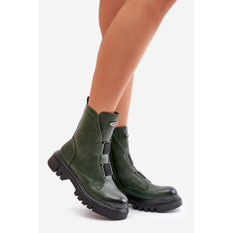 Botas de trabalho isoladas femininas com zíper, couro ecológico, Mailyra verde 1
