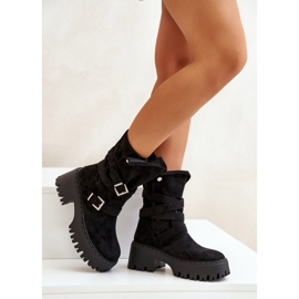 Botins femininos pretos com salto enorme, fivelas e tira Nerelisa 2