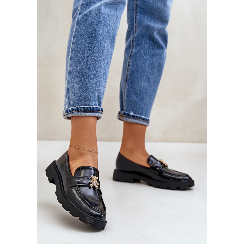 Mocassins femininos lacados com ursinho de pelúcia, Kaithra preto 2