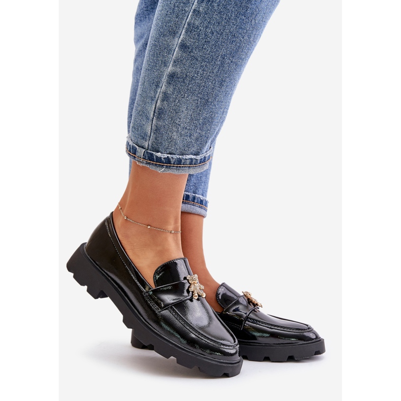 Mocassins femininos lacados com ursinho de pelúcia, Kaithra preto 1