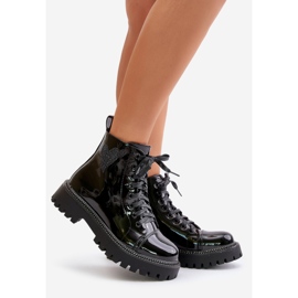 Botins femininos de couro envernizado com zíper e coração decorativo, preto Obeena 1