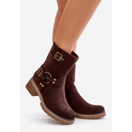 Botas femininas de salto baixo com fivelas, Zudra marrom 1