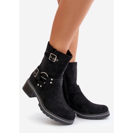 Botas femininas de salto baixo com fivelas pretas Zudra preto 1