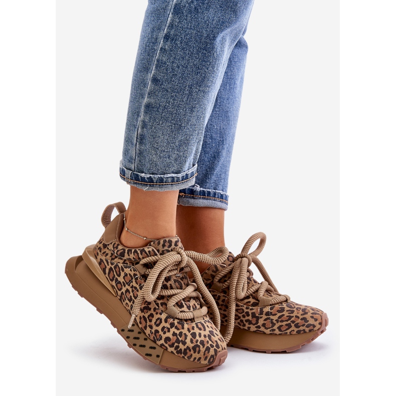 Tênis feminino de camurça na plataforma com cadarço grosso leopardo Artiker 55C0135 marrom castanho 1