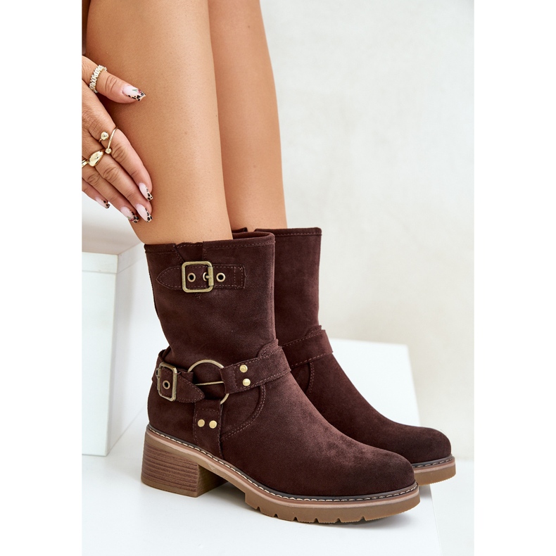Botas femininas de salto baixo com fivelas, Zudra marrom 2