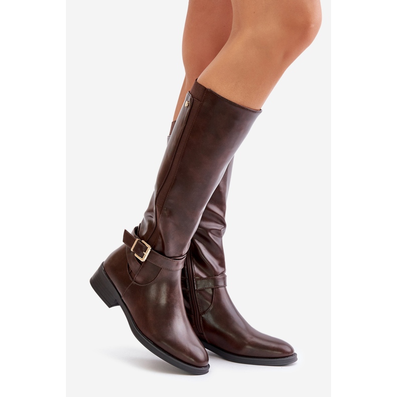 Botas femininas de salto plano com isolamento e fivela dourada marrom Arsisna castanho 1