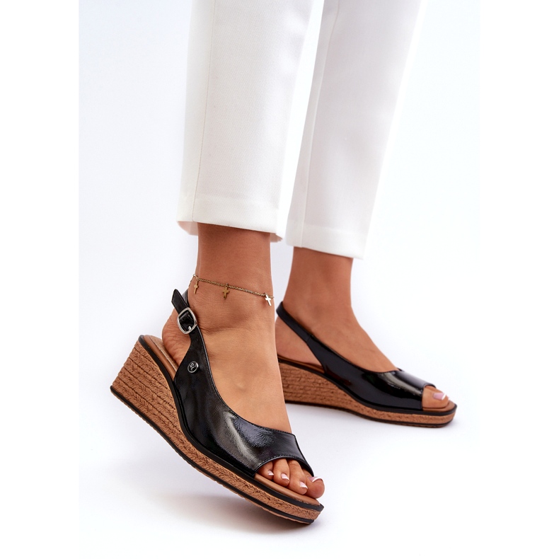 Sandálias femininas de cunha envernizada Sergio Leone SK301 pretas preto 1