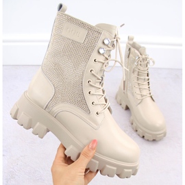 Botins femininos de couro com strass, bege Goe OO2N4108 1