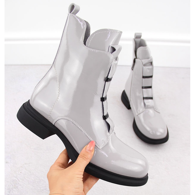 Botins femininos de couro envernizado, cinza Vinceza 66678 1