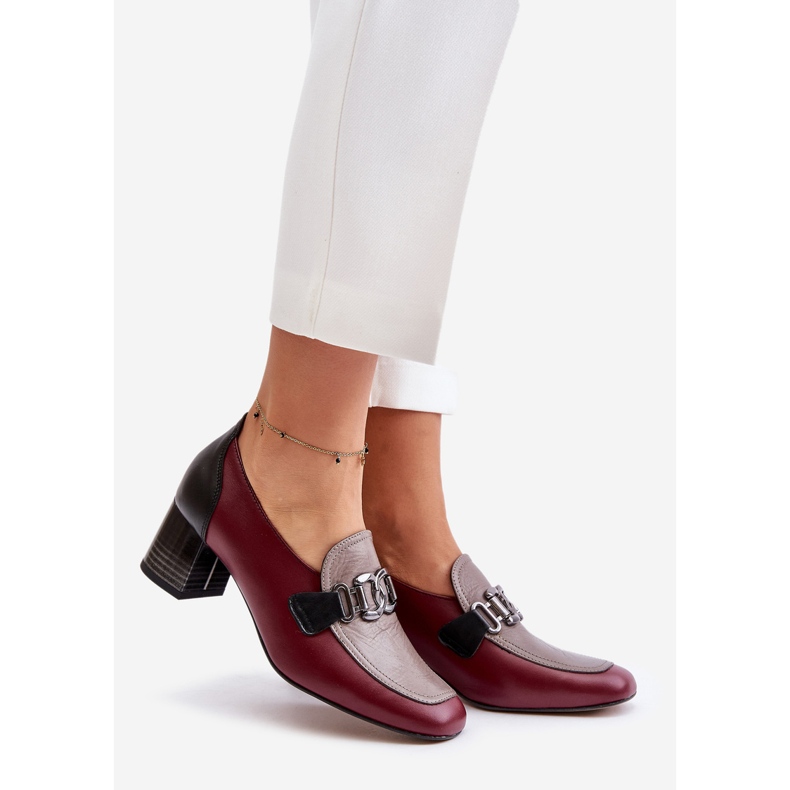 Sapatos de salto alto de couro com decoração dourada Laura Messi 2861 Borgonha vermelho 1