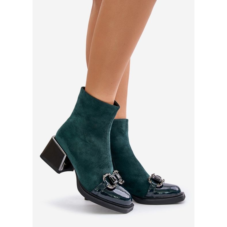 S.Barski Botas femininas elegantes de salto alto com decoração, verde escuro MR880-127 1