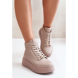 Tênis alto feminino de couro na plataforma Vinceza 66707 Bege 1