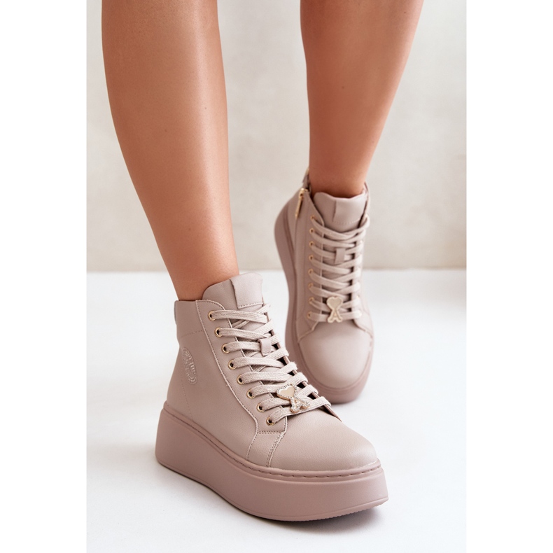 Tênis alto feminino de couro na plataforma Vinceza 66707 Bege 1