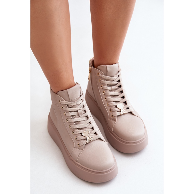 Tênis alto feminino de couro na plataforma Vinceza 66707 Bege 2