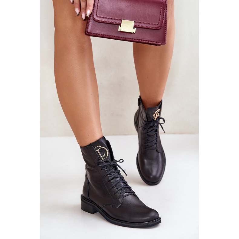 Zazoo 2955 Botins de couro para trabalho com detalhes dourados na língua, pretos 2