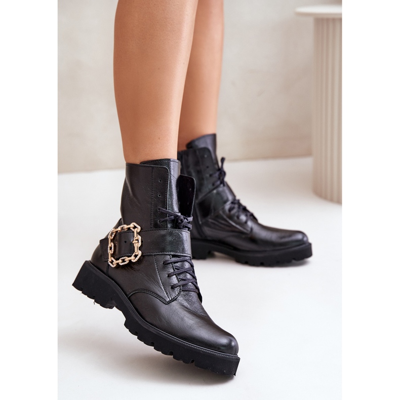 Zazoo 2951 Botins de couro envernizado com fivela decorativa, preto 2