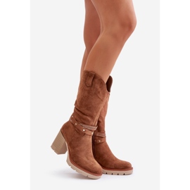Jezzi Botas femininas quentes de camelo com salto médio na panturrilha Ivanelis castanho 1