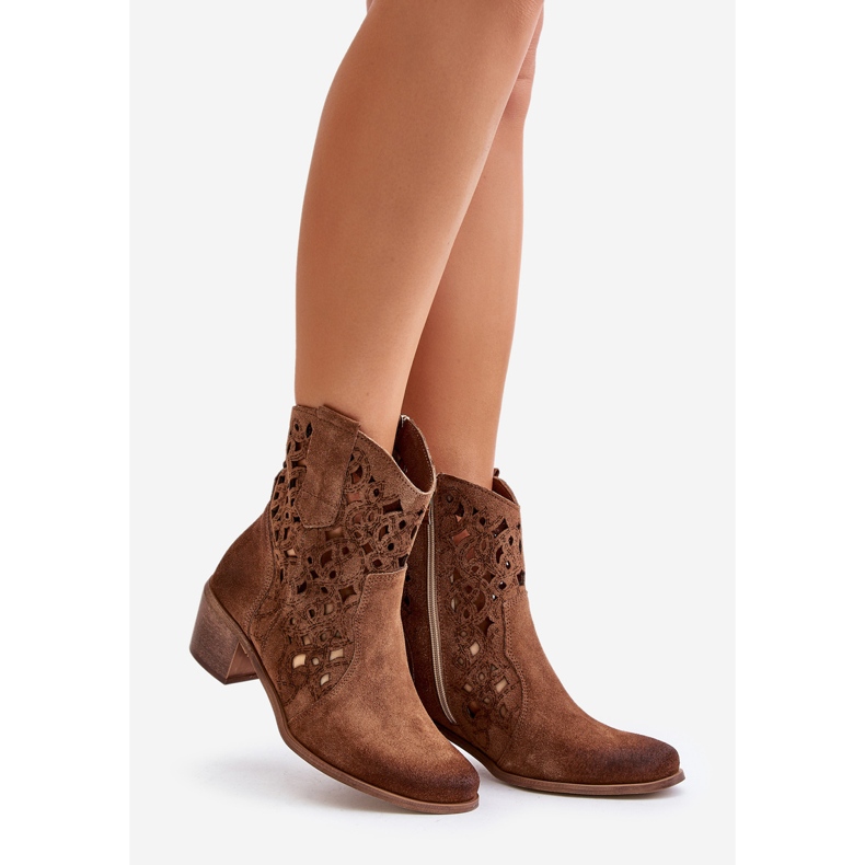 Botas femininas de salto alto com padrão vazado Lewski 3394/2 marrom castanho 1