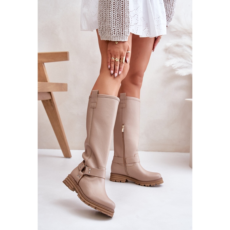 Botas acima do joelho femininas de couro Lewski 3615 bege 2