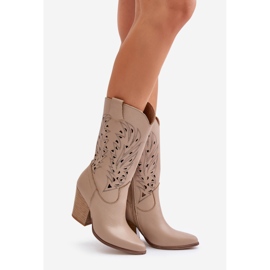 Botas de cano médio perfuradas em couro de salto alto Lewski 3609 Bege 1