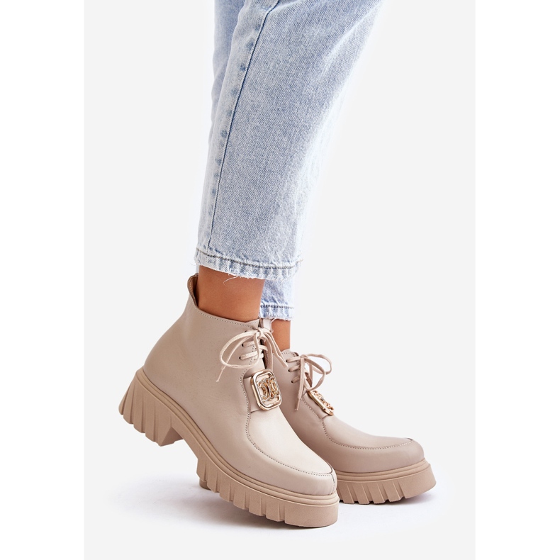 Zazoo 2952 Botins de couro bege com decoração dourada 1 Zazoo 2952 Botins de couro bege com decoração dourada 1