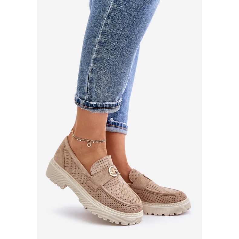 Mocassins Brogues Femininos Com Detalhe Dourado Cáqui Arilva bege 1