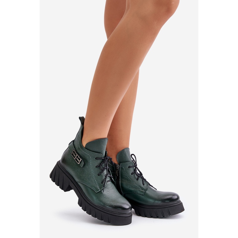 Zazoo 60483 Botas femininas de couro cano baixo aquecidas verde escuro 1