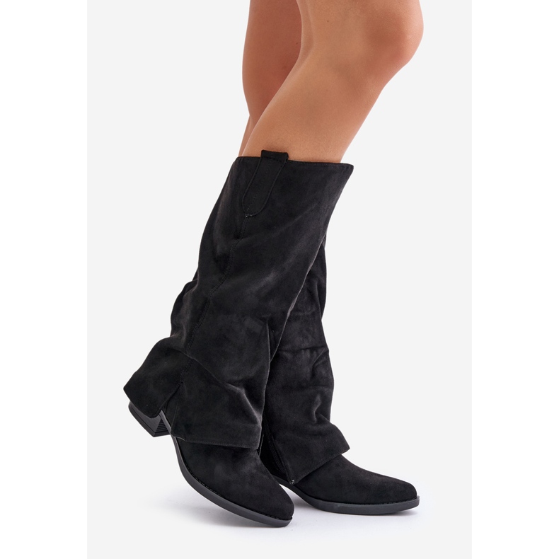 Jezzi Botas femininas de salto baixo com cano virado para cima, pretas, Stinova preto 1