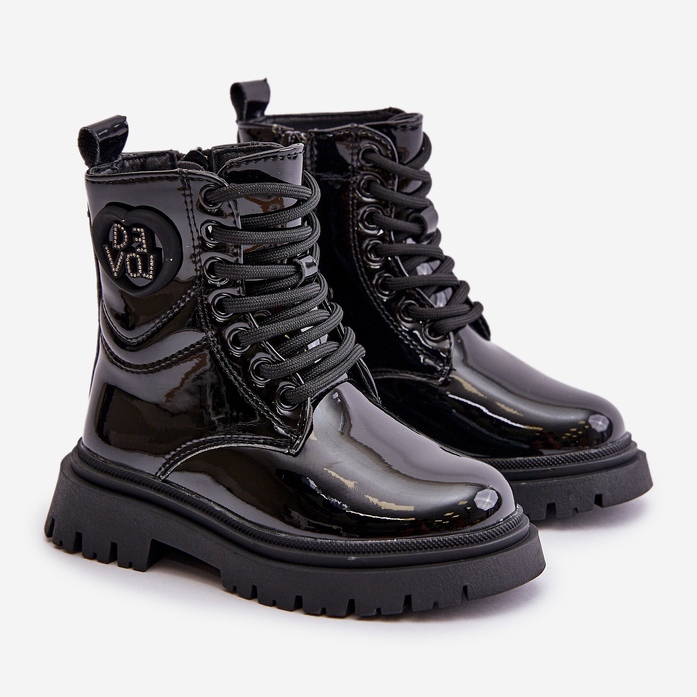 Botas femininas de couro envernizado com forro de pele e zíper, Evaliraea preta preto 1