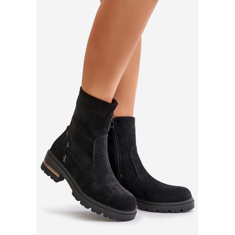 Botins femininos isolados em camurça ecológica com zíper, Preto Narilie 1