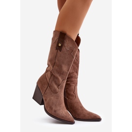 Botas de cowboy isoladas com salto alto, Eco Camurça Marrom, Hanivin castanho 1 Botas de cowboy isoladas com salto alto, Eco Camurça Marrom, Hanivin castanho 1