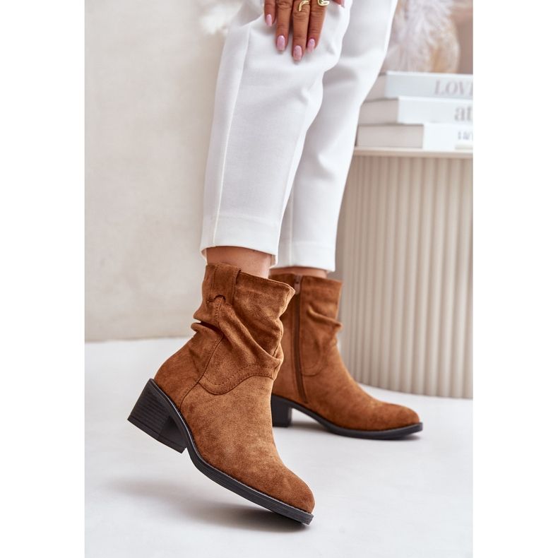 Botas femininas com isolamento Camel Zinanya e salto baixo franzido marrom 2