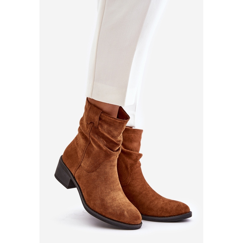 Botas femininas com isolamento Camel Zinanya e salto baixo franzido marrom 1