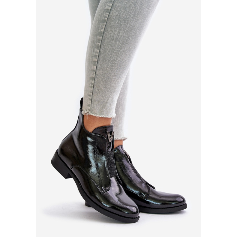 Botas baixas femininas de couro envernizado com salto plano, preto quente S.Barski HY42-120 preto 1