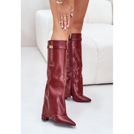 Botas femininas de couro ecológico com cano alto e salto alto, Borgonha Avamora vermelho 1
