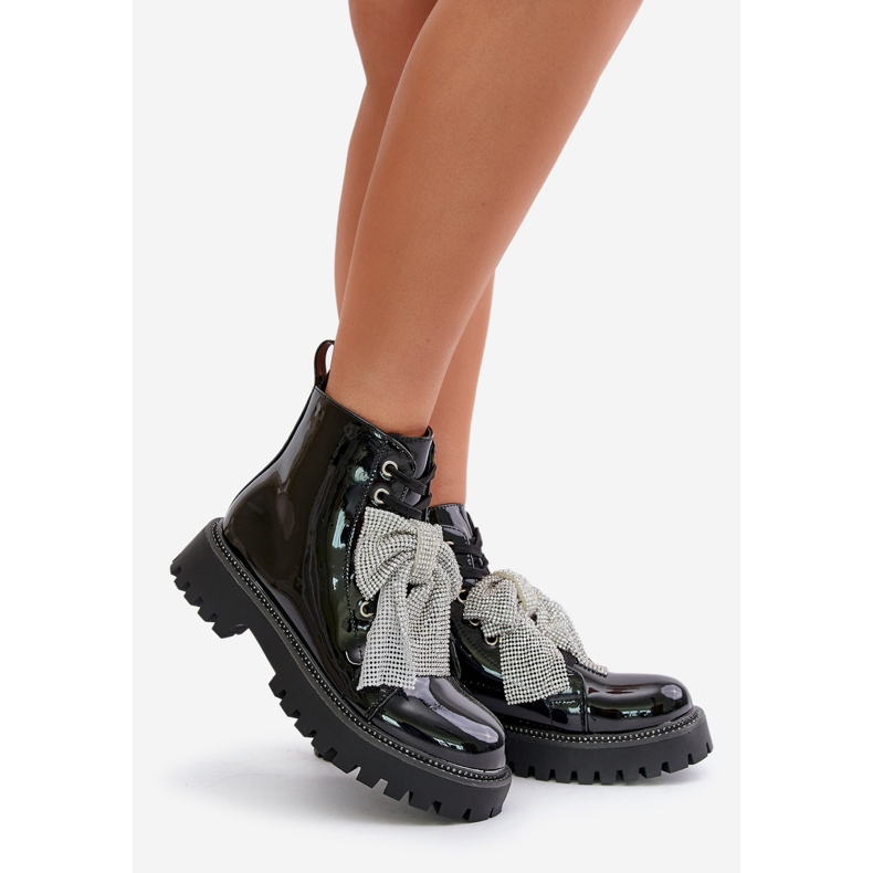 Botins femininos de couro envernizado com laço, Preto Ocenttia 1 Botins femininos de couro envernizado com laço, Preto Ocenttia 1