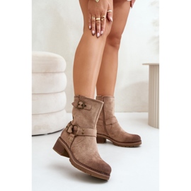 Botas femininas de salto baixo com fivelas, Zudra Bege Escuro 2